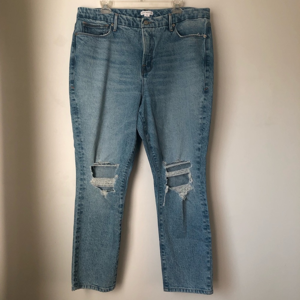 Good American Good Classic Low Waist Ripped Knee Straight Leg Jeans 16
